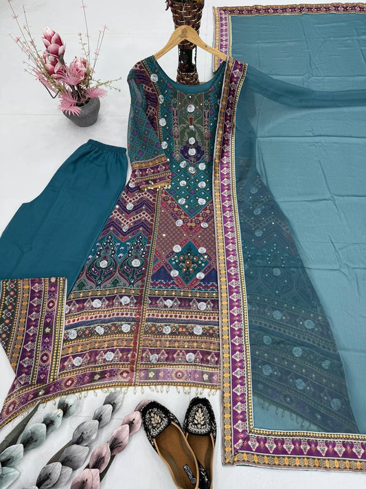 Alluring Teal Color Heavy Faux Georgette Digital Print With Real Mirror Work Palazzo Suit