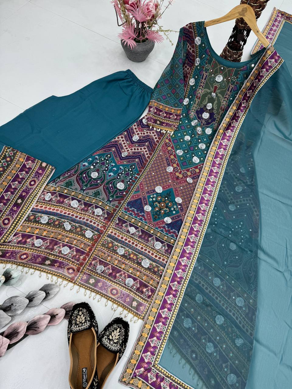 Alluring Teal Color Heavy Faux Georgette Digital Print With Real Mirror Work Palazzo Suit