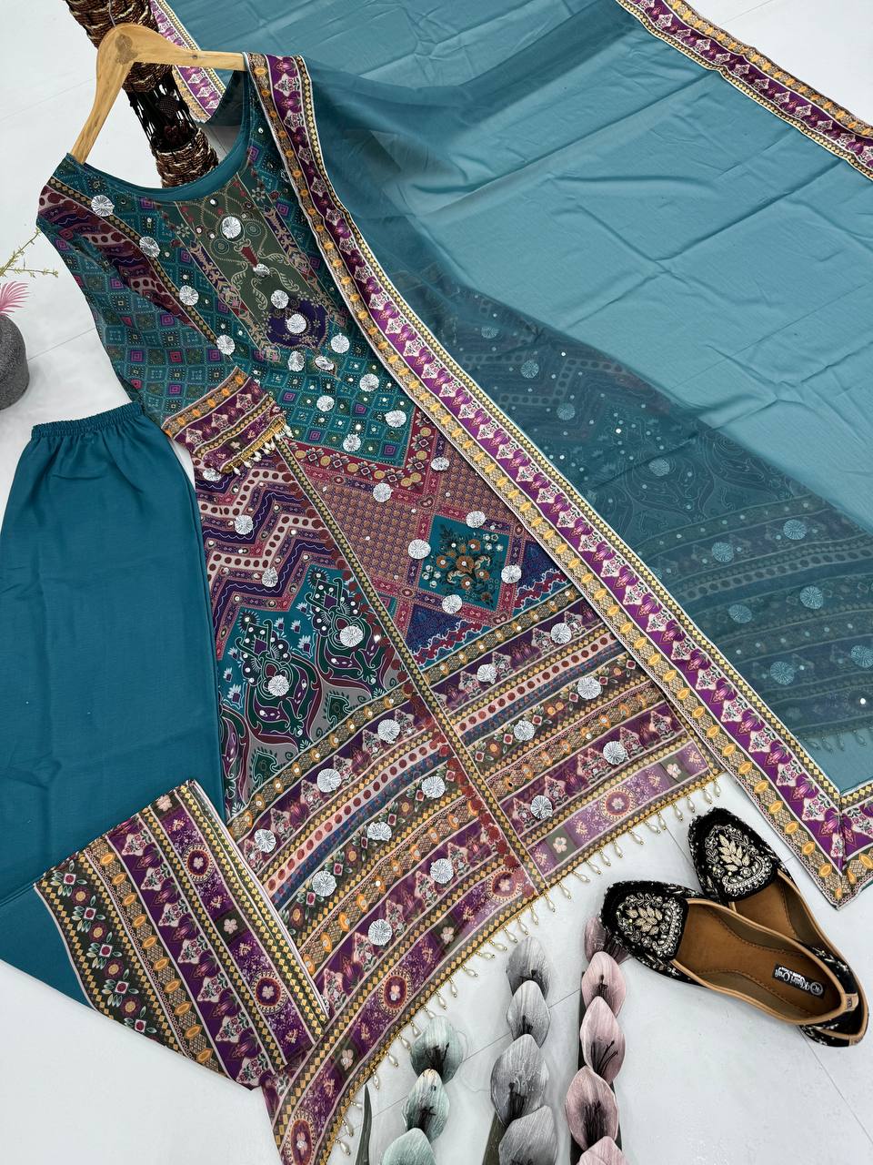 Alluring Teal Color Heavy Faux Georgette Digital Print With Real Mirror Work Palazzo Suit