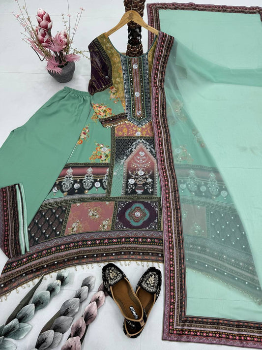 Alluring Green Color Heavy Faux Georgette Digital Print With Real Mirror Work Palazzo Suit