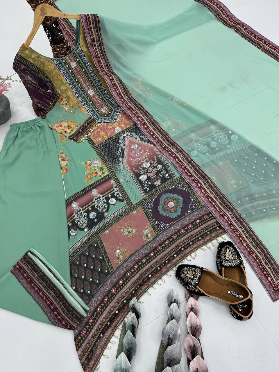 Alluring Green Color Heavy Faux Georgette Digital Print With Real Mirror Work Palazzo Suit