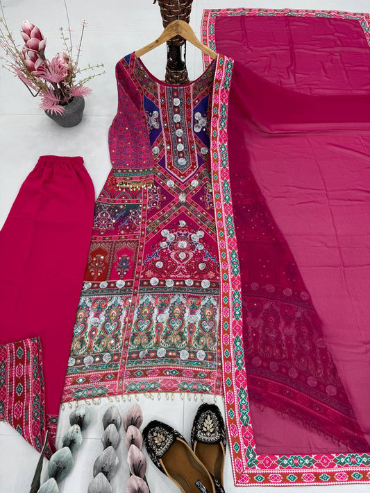 Mesmerizing Pink Color Heavy Faux Georgette Digital Print With Real Mirror Work Palazzo Suit
