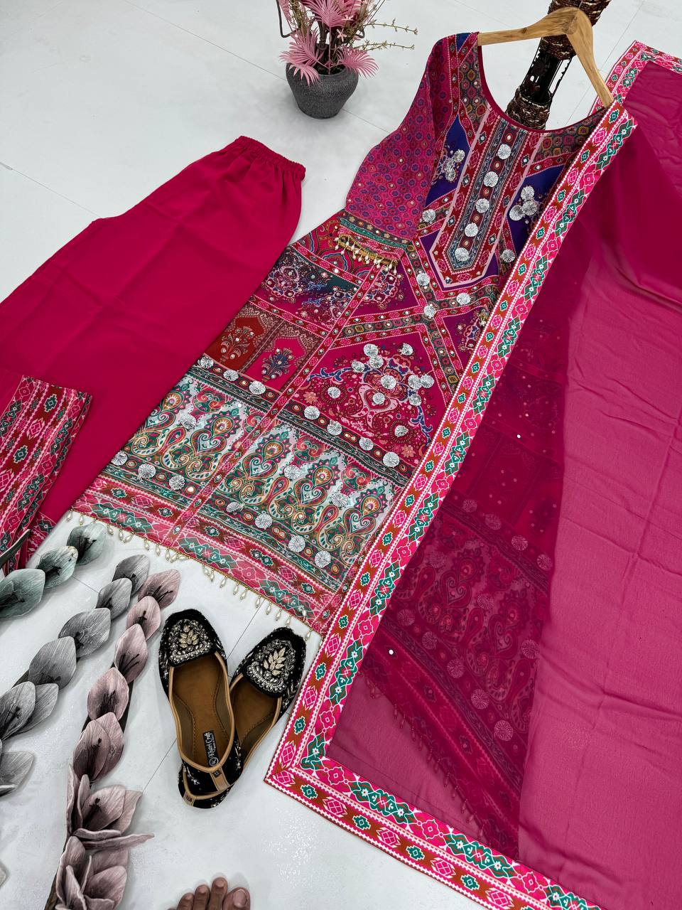 Mesmerizing Pink Color Heavy Faux Georgette Digital Print With Real Mirror Work Palazzo Suit