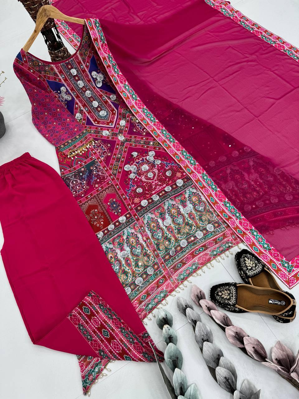 Mesmerizing Pink Color Heavy Faux Georgette Digital Print With Real Mirror Work Palazzo Suit
