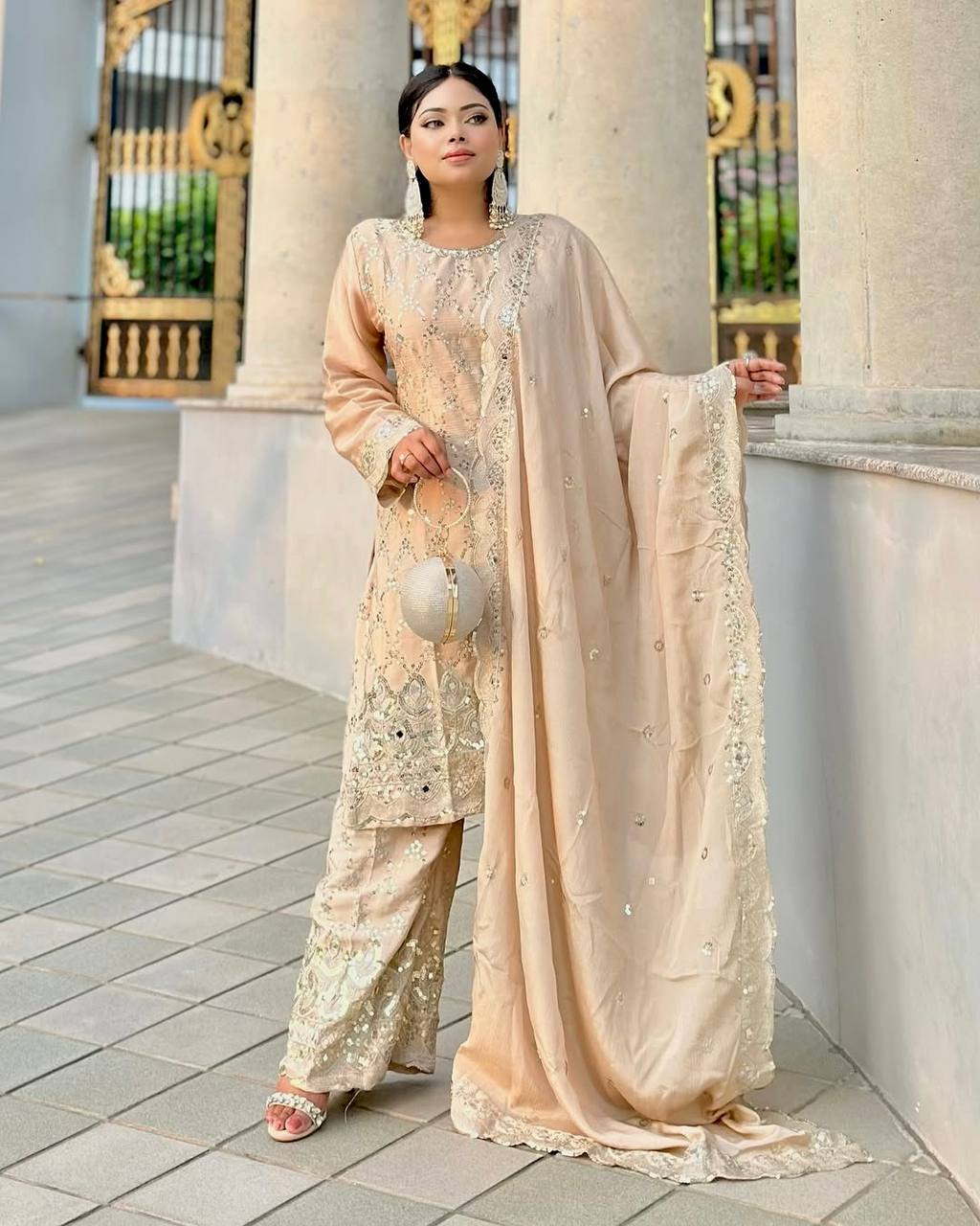 Party Wear Cream Color Chinon Silk With Embroidery Sequence Work Sharara Suit