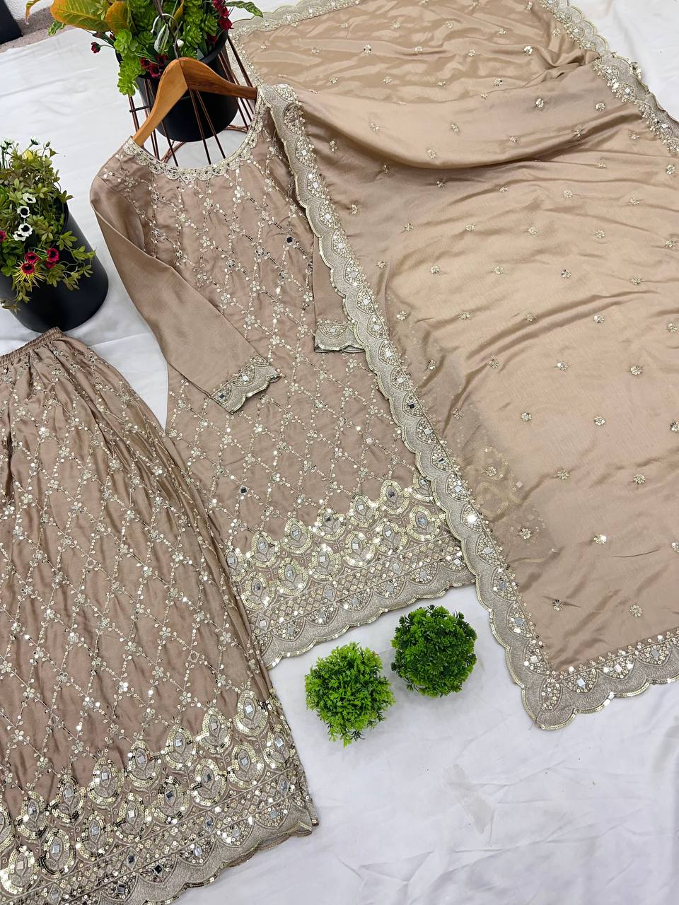 Party Wear Cream Color Chinon Silk With Embroidery Sequence Work Sharara Suit