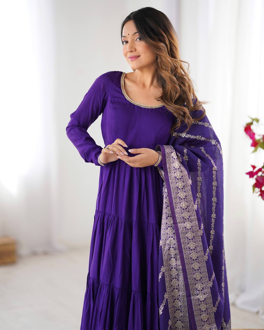 Imposing Blue Color Pure Roman Silk Chanderi Fabric Fully Flair Anarkali Gown