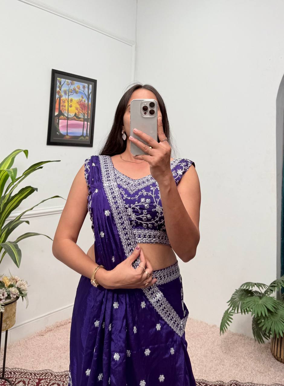Wedding Wear Blue Color Chinon With Embroidery Work 3 Piece Indo-Western Set