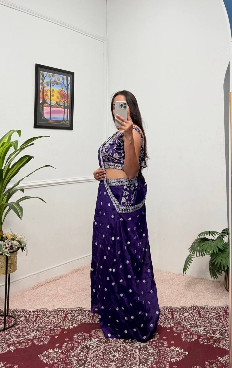 Wedding Wear Blue Color Chinon With Embroidery Work 3 Piece Indo-Western Set