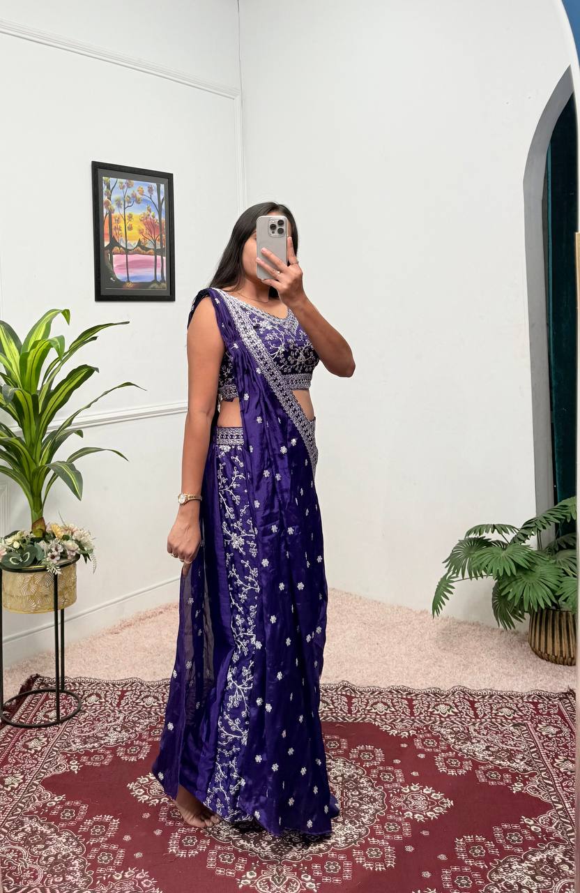 Wedding Wear Blue Color Chinon With Embroidery Work 3 Piece Indo-Western Set