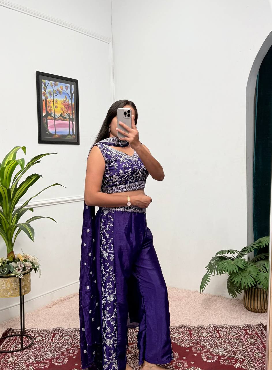 Wedding Wear Blue Color Chinon With Embroidery Work 3 Piece Indo-Western Set