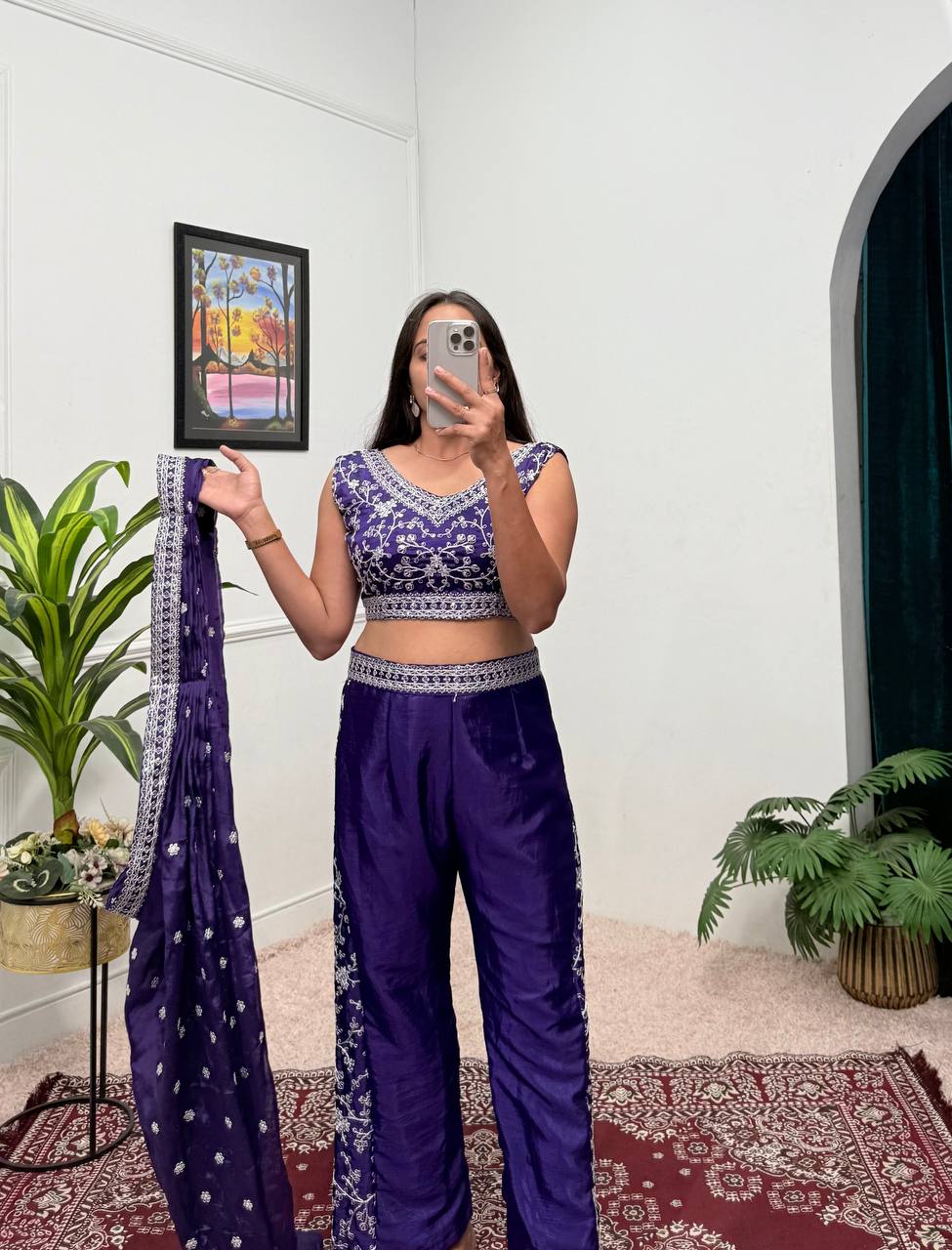 Wedding Wear Blue Color Chinon With Embroidery Work 3 Piece Indo-Western Set