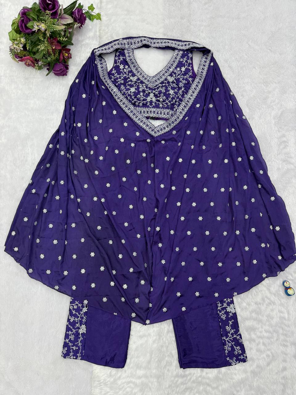 Wedding Wear Blue Color Chinon With Embroidery Work 3 Piece Indo-Western Set