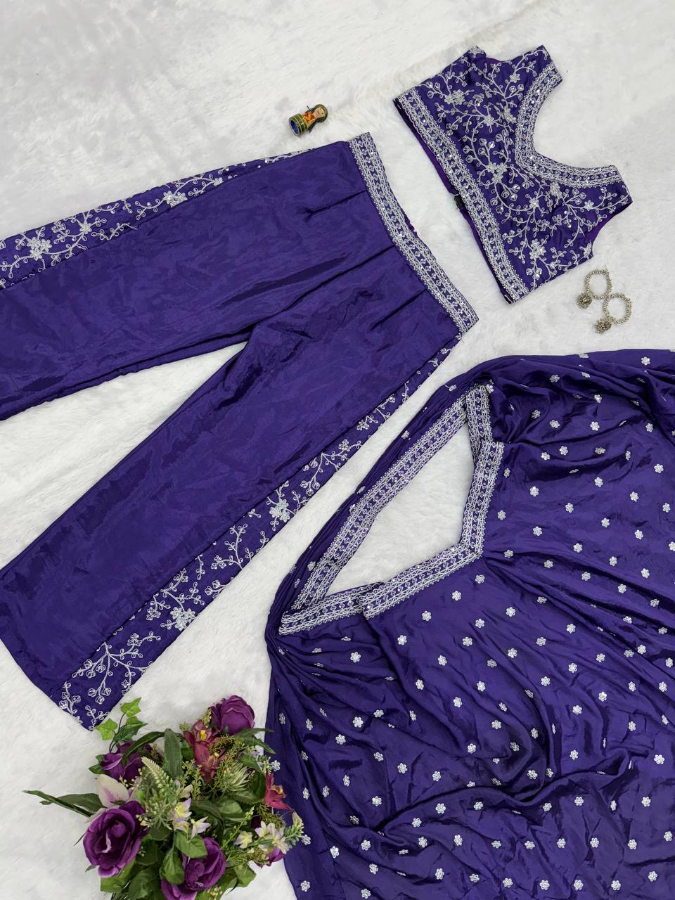 Wedding Wear Blue Color Chinon With Embroidery Work 3 Piece Indo-Western Set
