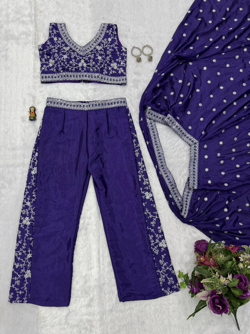 Wedding Wear Blue Color Chinon With Embroidery Work 3 Piece Indo-Western Set