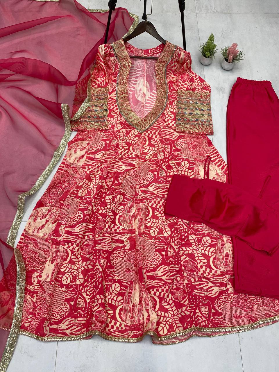 Presenting Red Color Printed Chinon With Embroidered And Real Mirror Work Salwar Suit