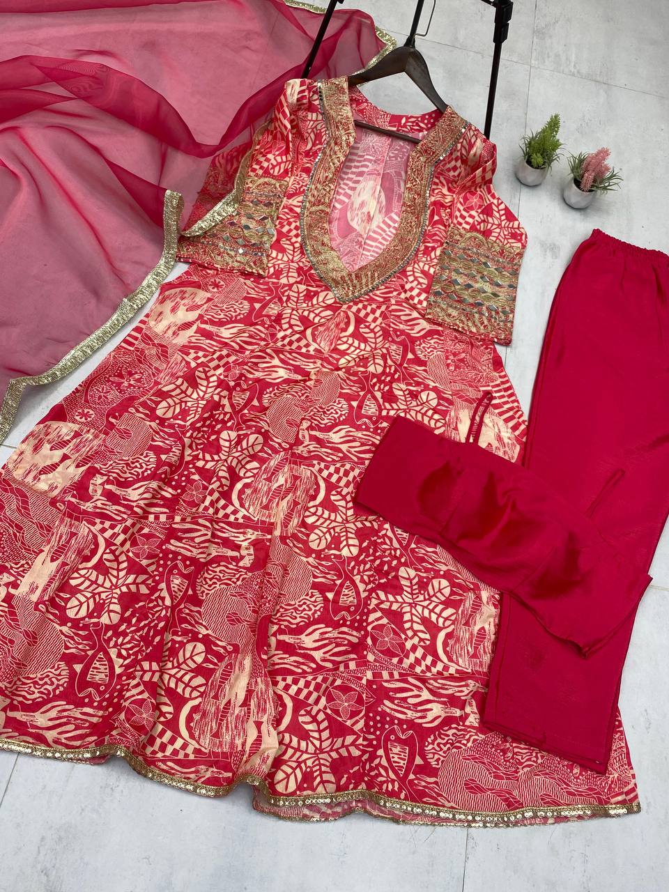 Presenting Red Color Printed Chinon With Embroidered And Real Mirror Work Salwar Suit
