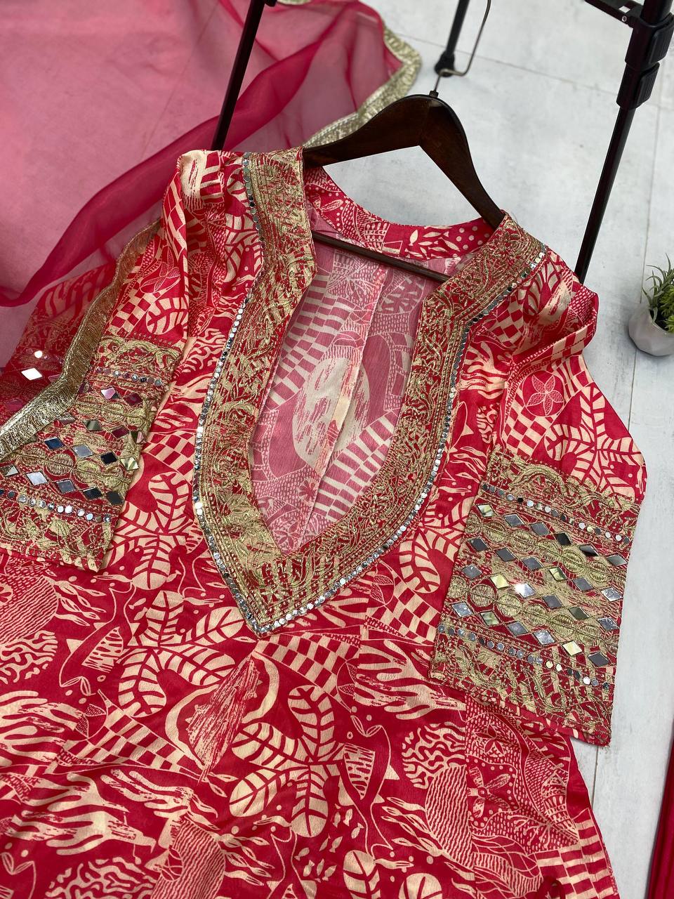 Presenting Red Color Printed Chinon With Embroidered And Real Mirror Work Salwar Suit