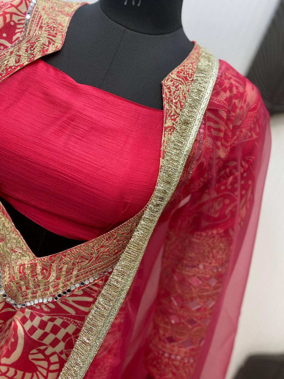 Presenting Red Color Printed Chinon With Embroidered And Real Mirror Work Salwar Suit