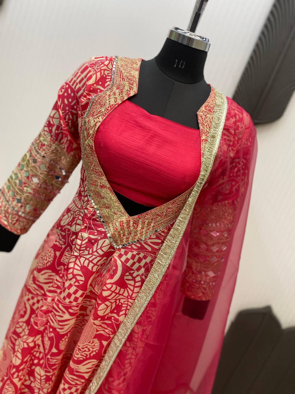 Presenting Red Color Printed Chinon With Embroidered And Real Mirror Work Salwar Suit