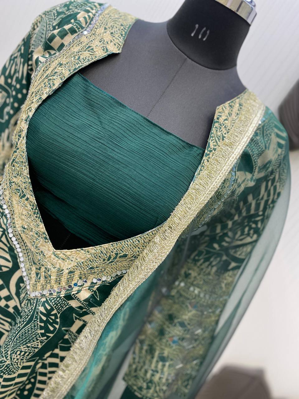 Graceful Green Color Printed Chinon With Embroidered And Real Mirror Work Salwar Suit