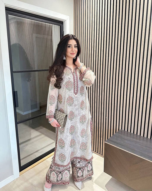 Party Wear Beautiful Heavy Faux Georgette With Embroidery Work Palazzo Suit