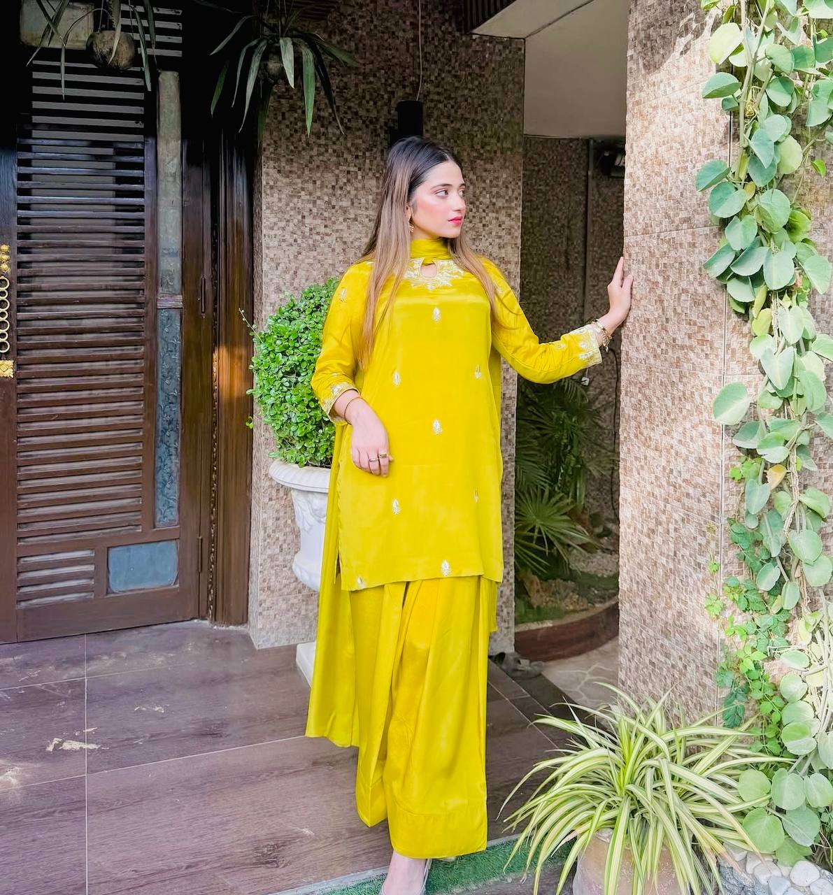 Beautiful Haldi Wear Yellow Color Pure Natural Satin Silk With Heavy Embroidery Sequence Work Palazzo Suit