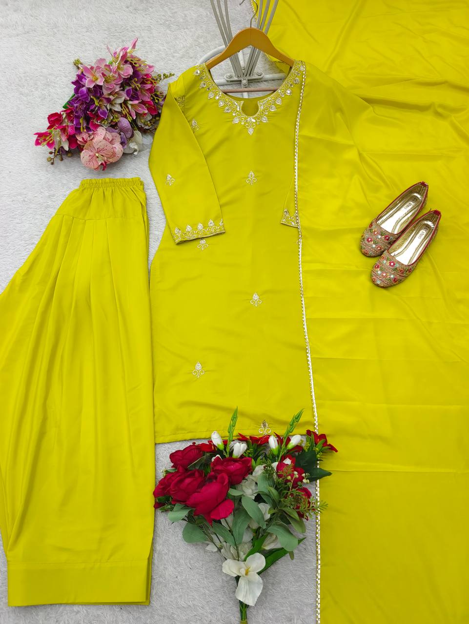 Beautiful Haldi Wear Yellow Color Pure Natural Satin Silk With Heavy Embroidery Sequence Work Palazzo Suit