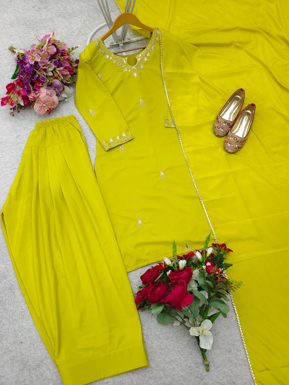 Beautiful Haldi Wear Yellow Color Pure Natural Satin Silk With Heavy Embroidery Sequence Work Palazzo Suit