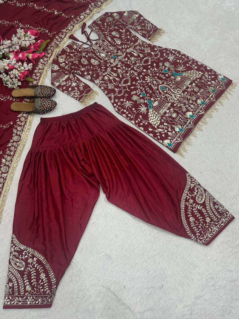 Graceful Maroon Color Natural Crepe With Heavy Embroidery Sequence Work Dhoti Suit