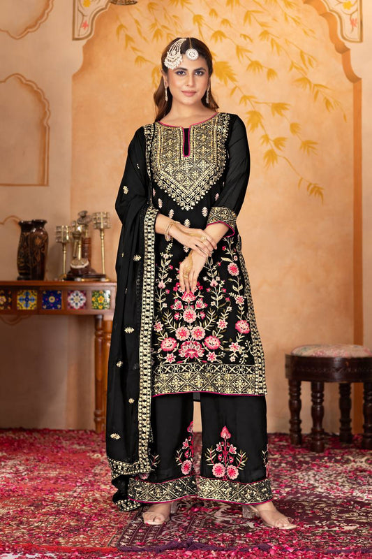 Wedding Wear Black Color Heavy Fuax Georgette Embroidery Sequences Work With Real Mirror Hand Work Palazzo Suit