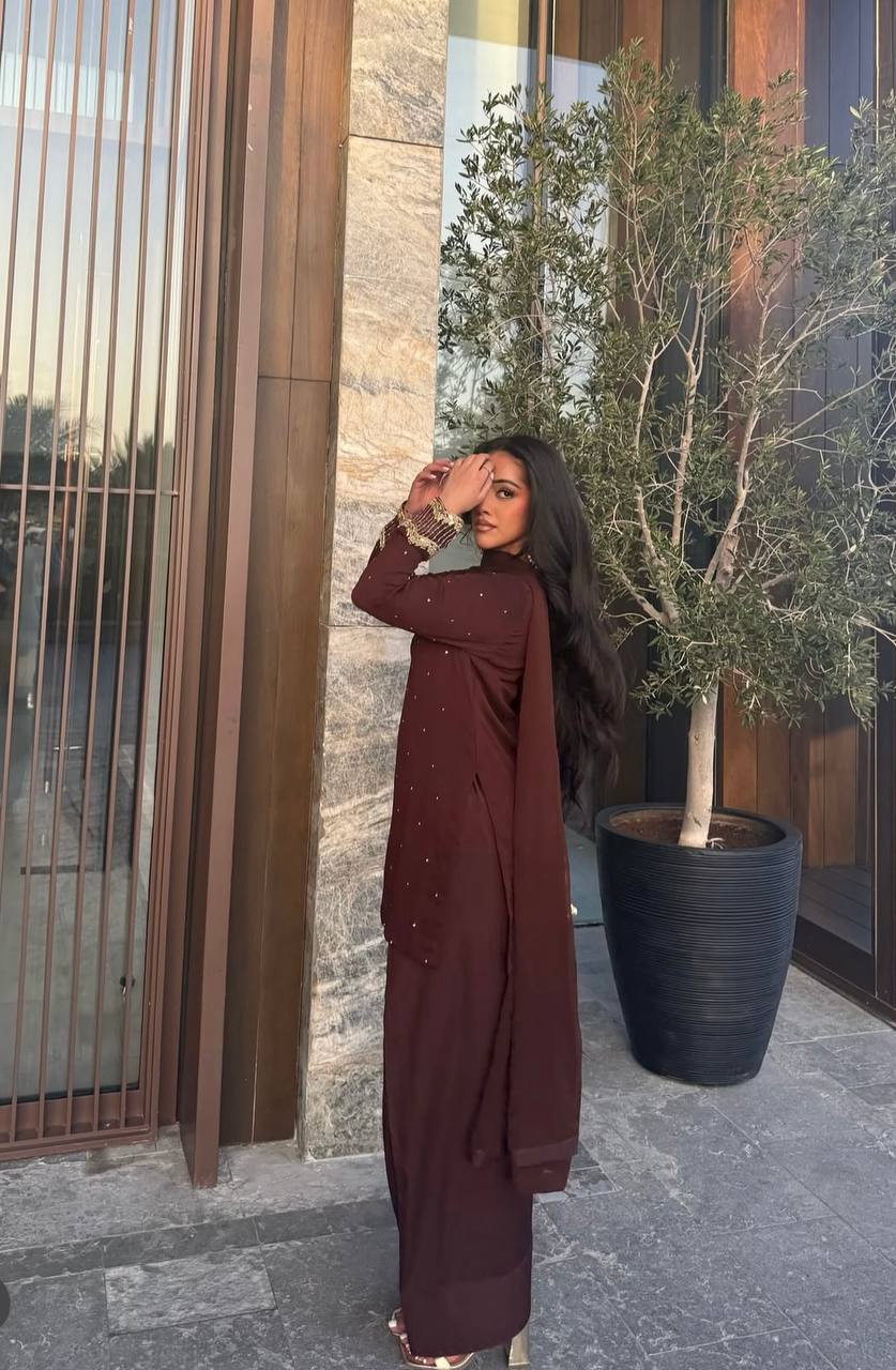 Party Wear Brown Color Pure Blooming Georgette With Heavy Embroidery Sequence Work Sharara Suit