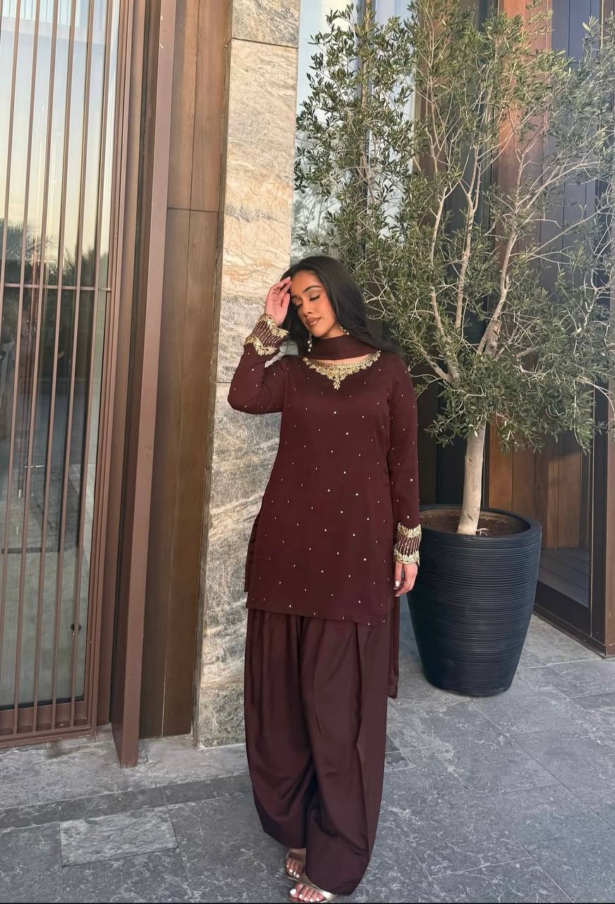 Party Wear Brown Color Pure Blooming Georgette With Heavy Embroidery Sequence Work Sharara Suit