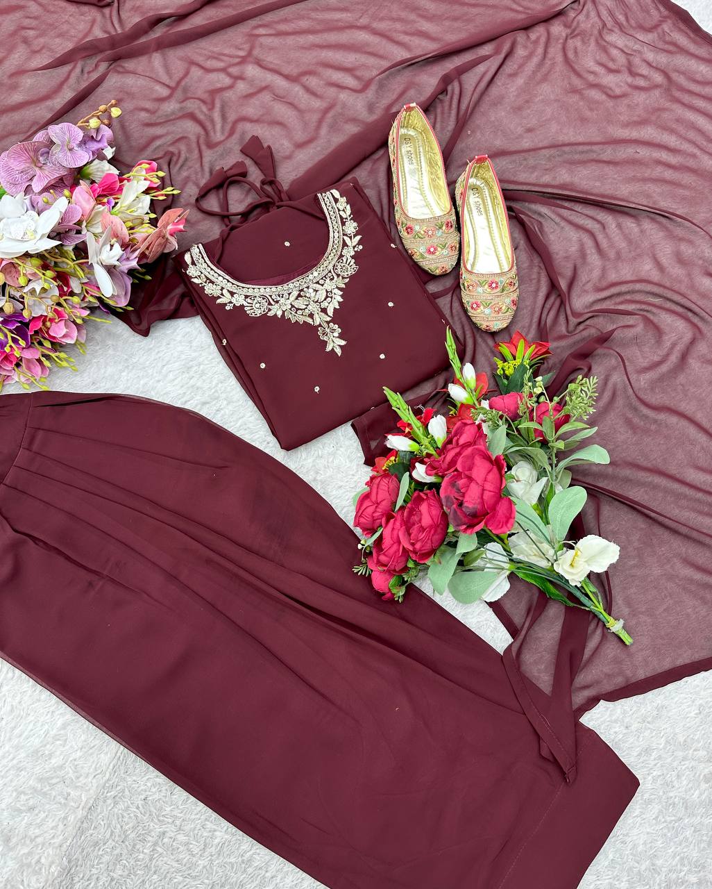 Party Wear Brown Color Pure Blooming Georgette With Heavy Embroidery Sequence Work Sharara Suit