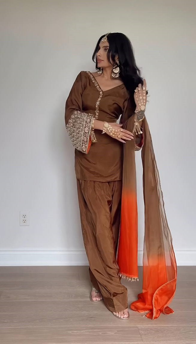 Wedding Wear Dark Mustard Color Natural Satin Silk With Embroidery Sequence Work Palazzo Suit