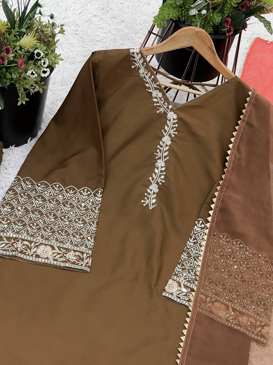 Wedding Wear Dark Mustard Color Natural Satin Silk With Embroidery Sequence Work Palazzo Suit