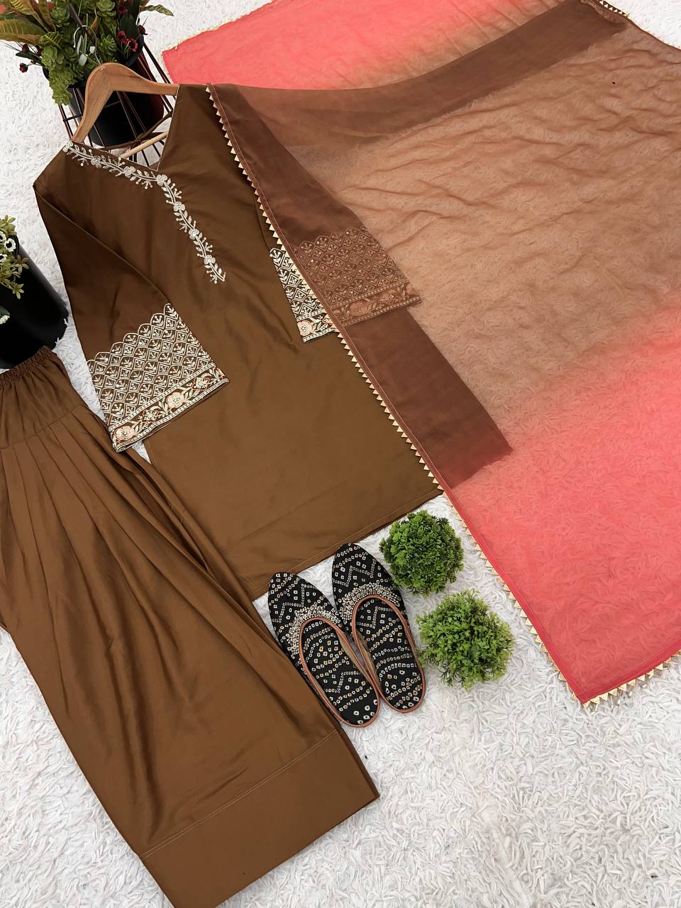 Wedding Wear Dark Mustard Color Natural Satin Silk With Embroidery Sequence Work Palazzo Suit