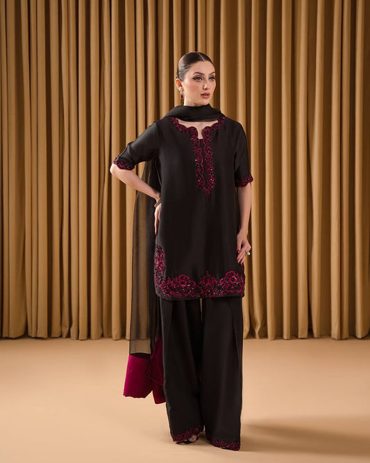 Fabulous Black Color Pure Natural Crepe With Embroidery Work Palazzo Suit