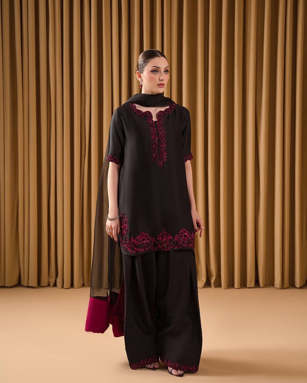 Fabulous Black Color Pure Natural Crepe With Embroidery Work Palazzo Suit