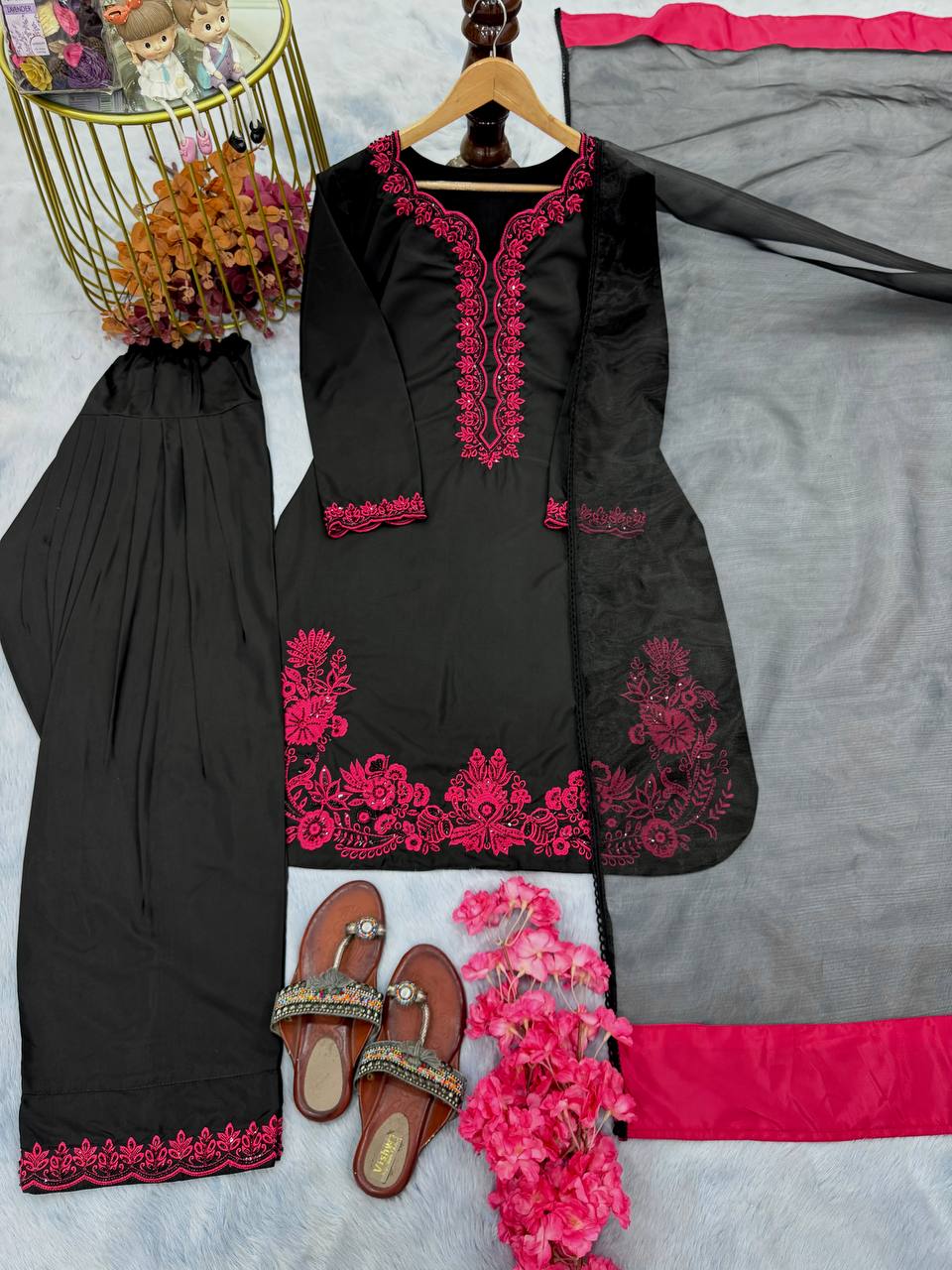 Fabulous Black Color Pure Natural Crepe With Embroidery Work Palazzo Suit
