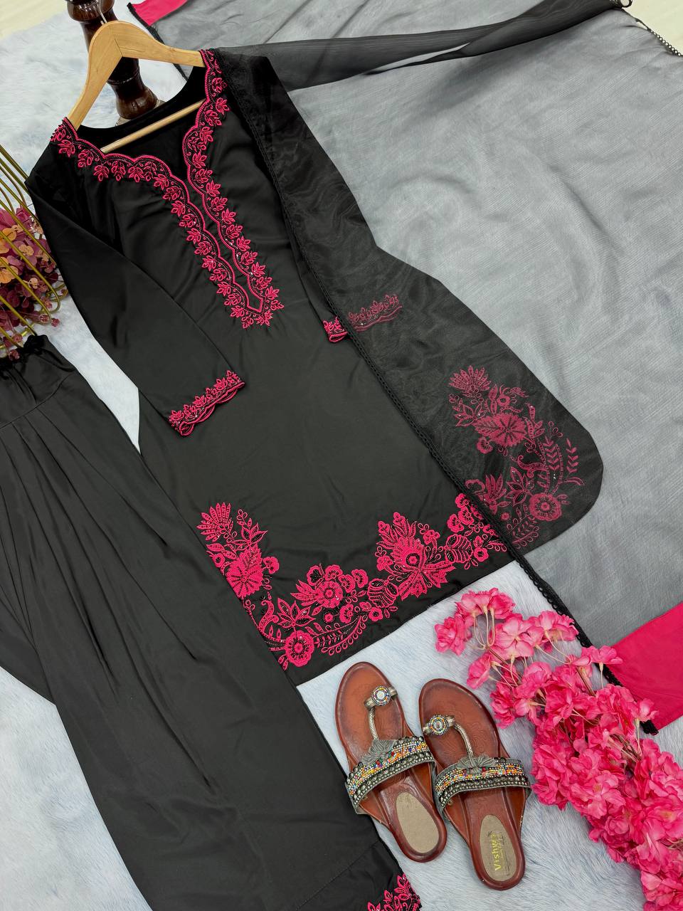 Fabulous Black Color Pure Natural Crepe With Embroidery Work Palazzo Suit