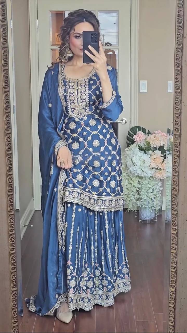 Blissful Teal Blue Color Pure Chinon Silk With Embroidery Coding Sequence Work Palazzo Suit