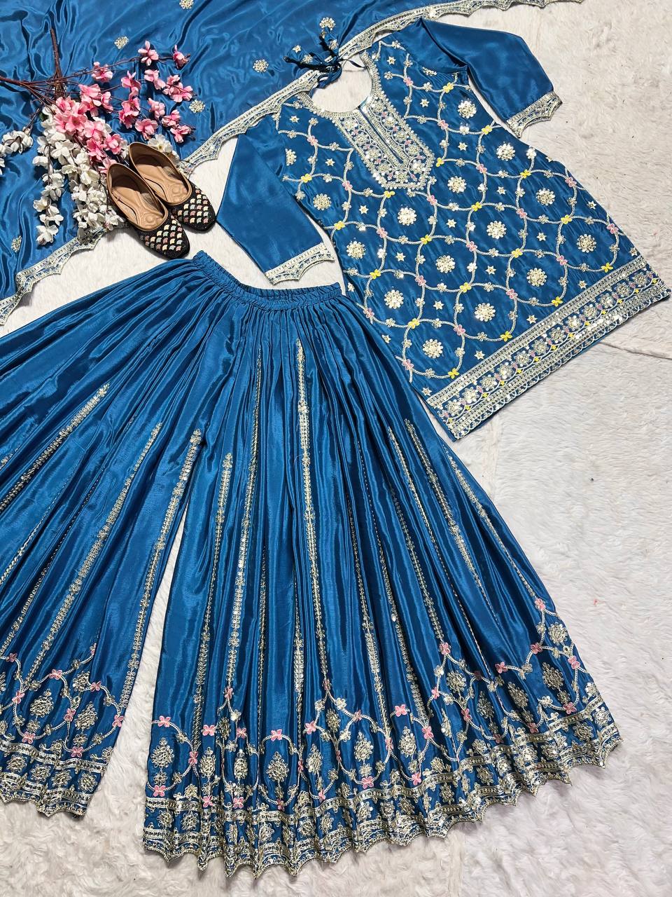Blissful Teal Blue Color Pure Chinon Silk With Embroidery Coding Sequence Work Palazzo Suit