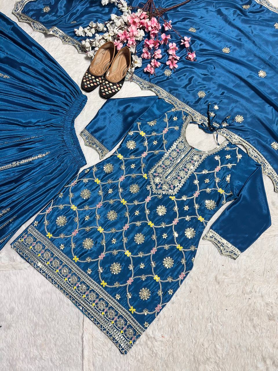 Blissful Teal Blue Color Pure Chinon Silk With Embroidery Coding Sequence Work Palazzo Suit