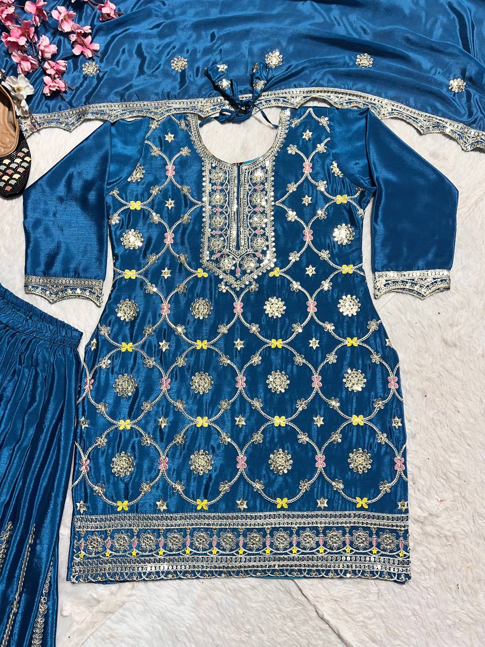 Blissful Teal Blue Color Pure Chinon Silk With Embroidery Coding Sequence Work Palazzo Suit