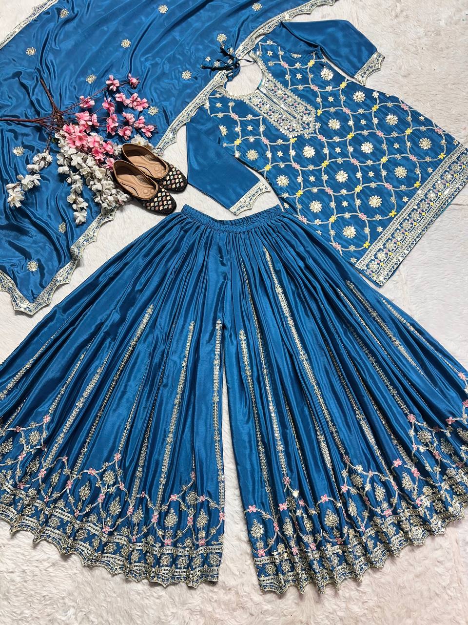 Blissful Teal Blue Color Pure Chinon Silk With Embroidery Coding Sequence Work Palazzo Suit