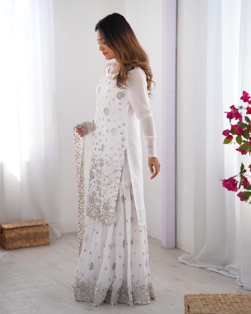 Party Wear White Star Georgette Thread With Sequence Work Sharara Suit