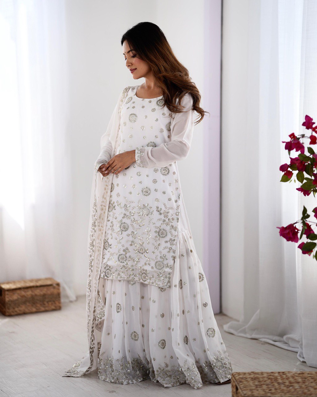 Party Wear White Star Georgette Thread With Sequence Work Sharara Suit