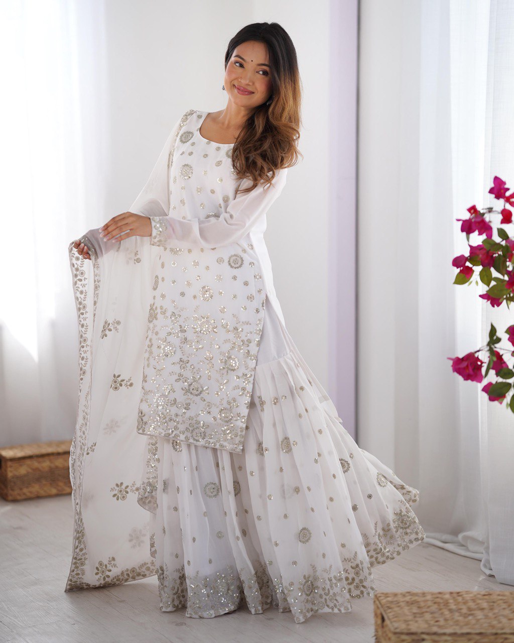 Party Wear White Star Georgette Thread With Sequence Work Sharara Suit