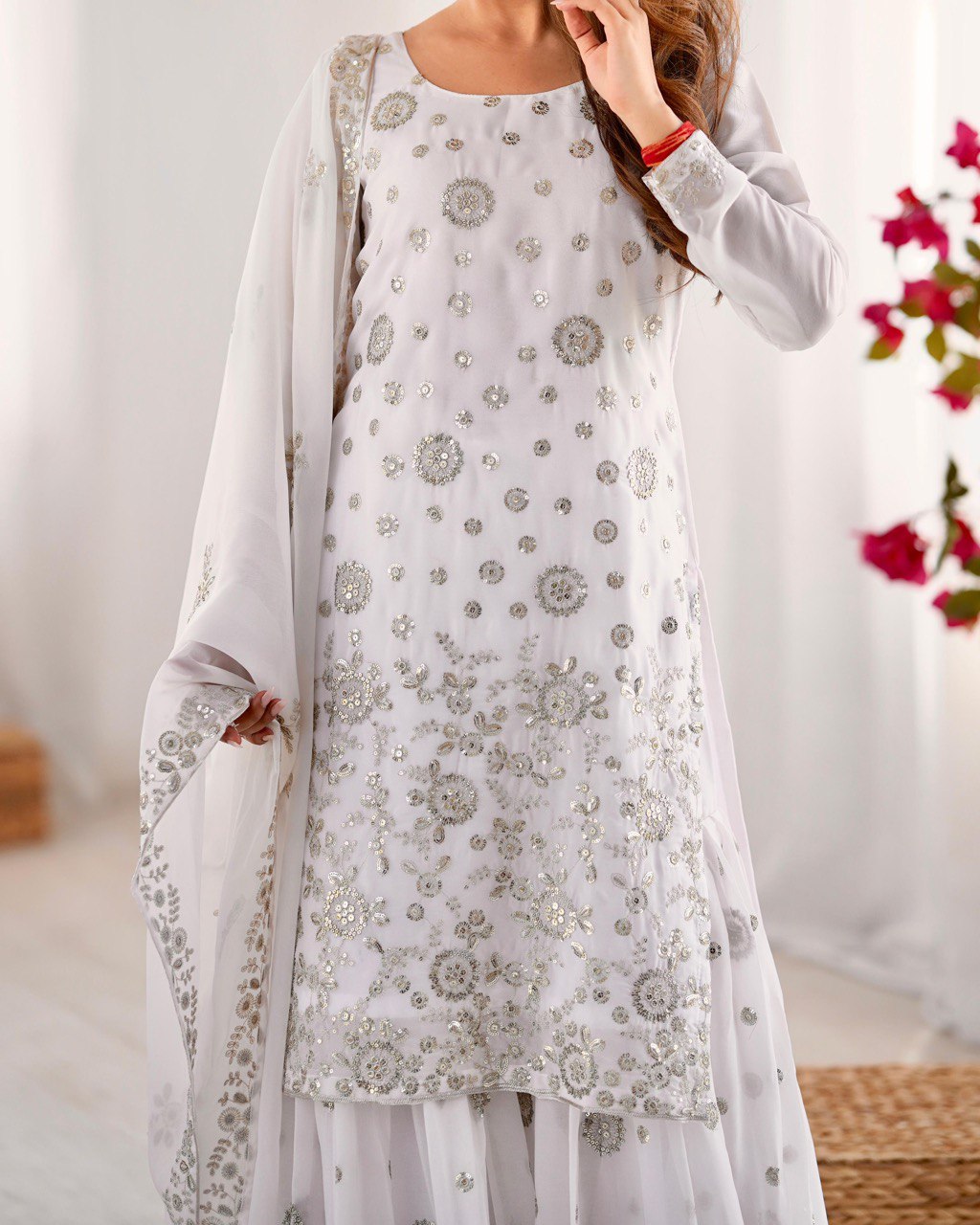 Party Wear White Star Georgette Thread With Sequence Work Sharara Suit